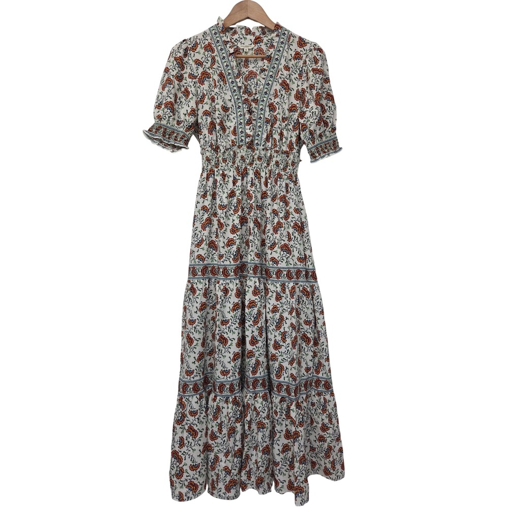 Max Studio Ruffle Neck Tiered Maxi Dress Boho Smocked XS Floral Multi NWOT